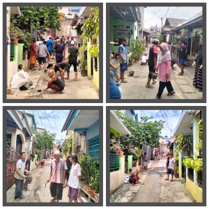 Ketua RT 02 Bunda Ani bersama tokoh masyarakat H.Ruslan dan warga ikut gotong royong