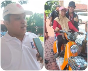 Keterangan Foto : Manajer PT BPR Sukma Agung, Manihal Sitanggang saat memberikan keterangan di sela acara dan Ibu Elly warga Mekarjaya yang beruntung mendapatkan hadiah