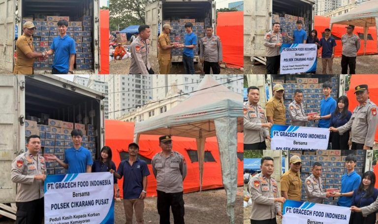 Kapolsek Cikarang Pusat Salurkan 700 Paket Bantuan untuk Korban Kebakaran Kemayoran Bersama PT Gracech Food Indonesia