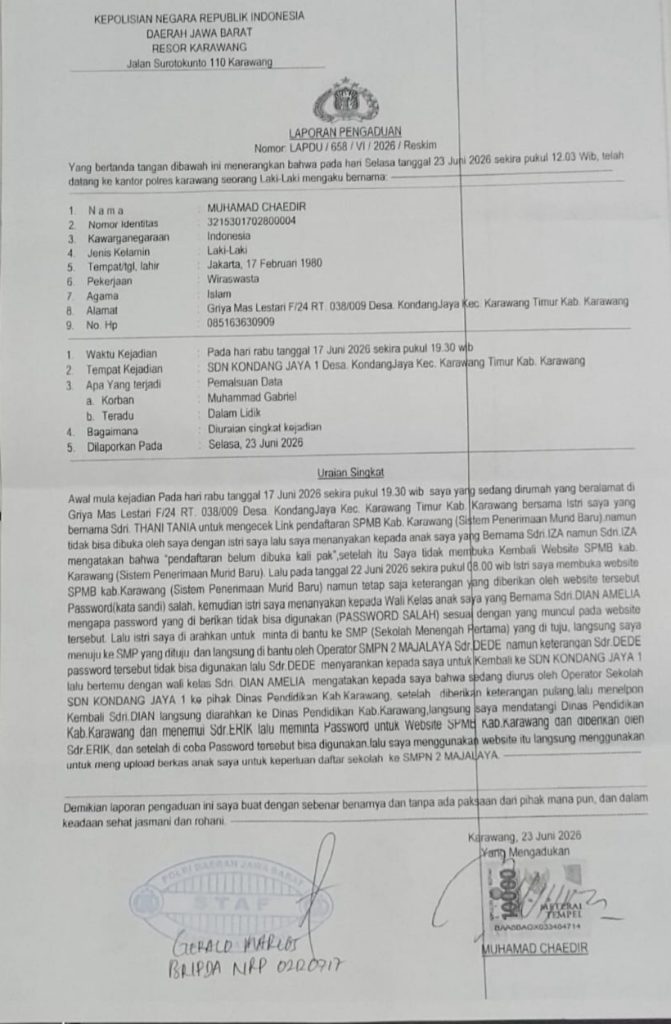 Password Login Diduga Dipalsukan Berujung “LP”, Orang Tua Siswa SDN Kondangjaya 1 Kehilangan Akses SPMB: Hak Pendidikan Anak Dipertanyakan