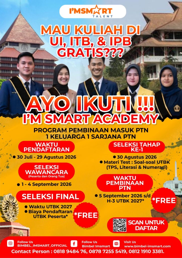 I’M SMART ACADEMY Hadir di Kota Depok, Bimbingan Gratis Masuk UI,ITB,IPB, dan PTN lain, Wujudkan Satu Keluarga Satu Sarjana PTN   