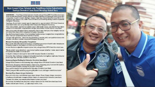 Bayu Irawan S.Sos: Selamat atas Terpilihnya Anton Sukartono Suratto, Saatnya Demokrat Jawa Barat Menatap Babak Baru